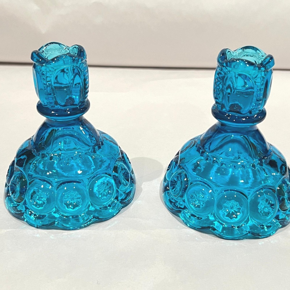 LE Smith Colonial Blue Moon & Stars Candlesticks Blue Glass UV Reactive Pair - Picture 3 of 9